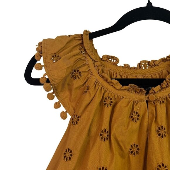 J.Crew Eyelet Pom-Pom flutter sleeve Poplin Cotton Golden Yellow Top Size S - Picture 3 of 12